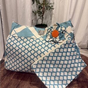 Blue and White Patterned Tote with Pouch